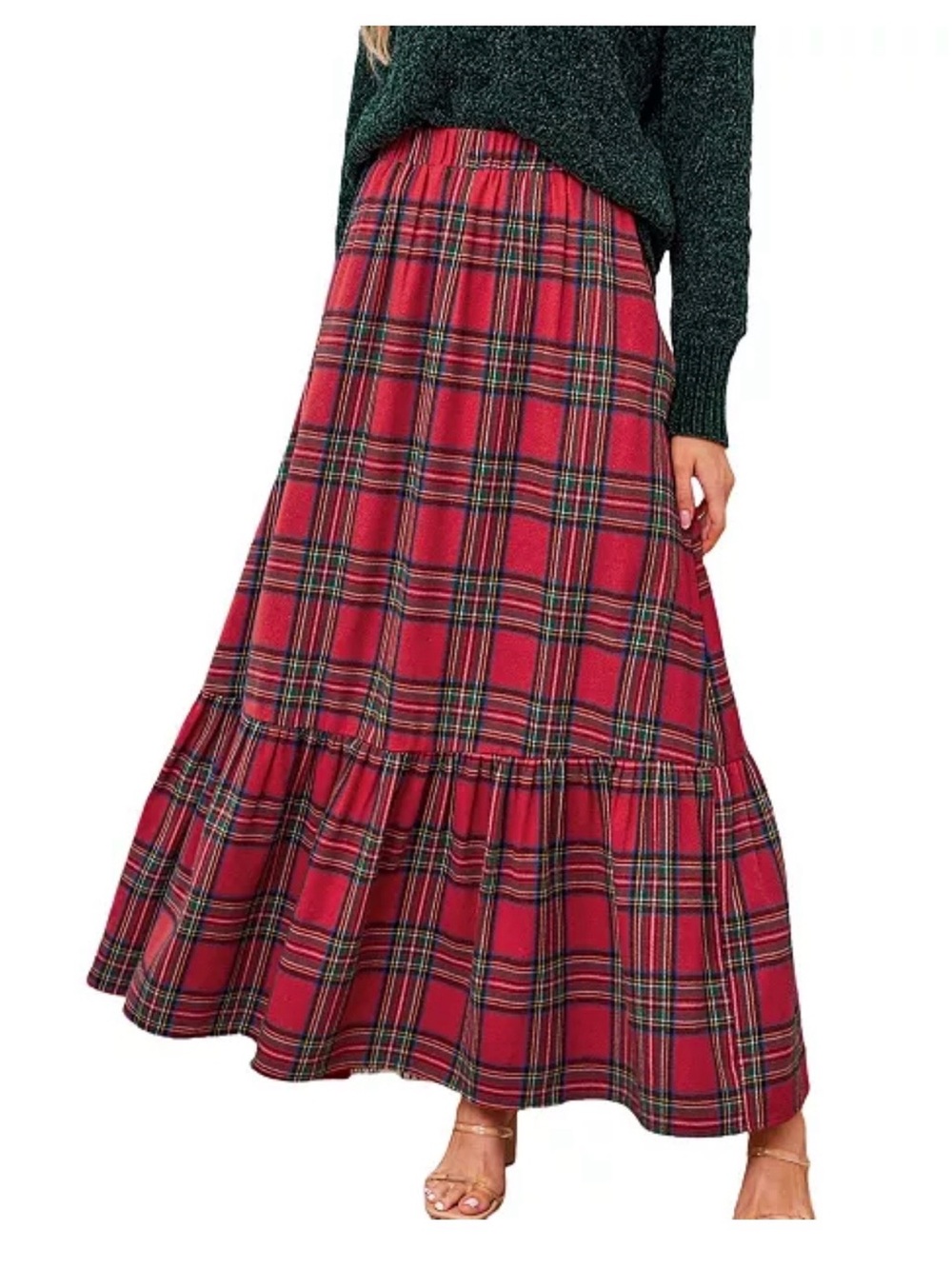 NWT Cupshe Red Plaid Tiered Maxi Skirt with Ruffle Hem